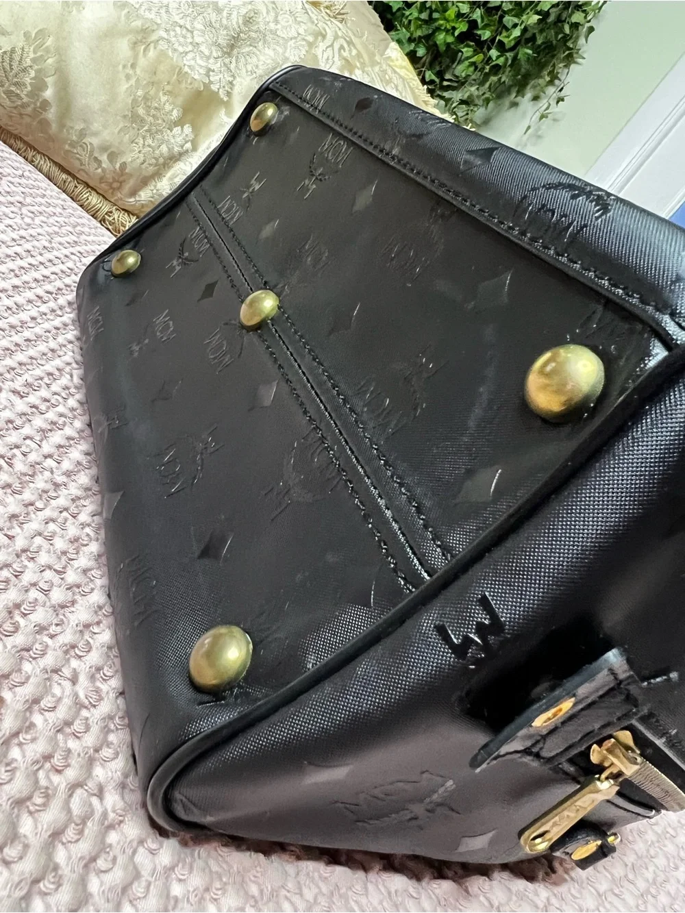 Vintage MCM München Black Visetos Boston Satchel Crossbody Bag